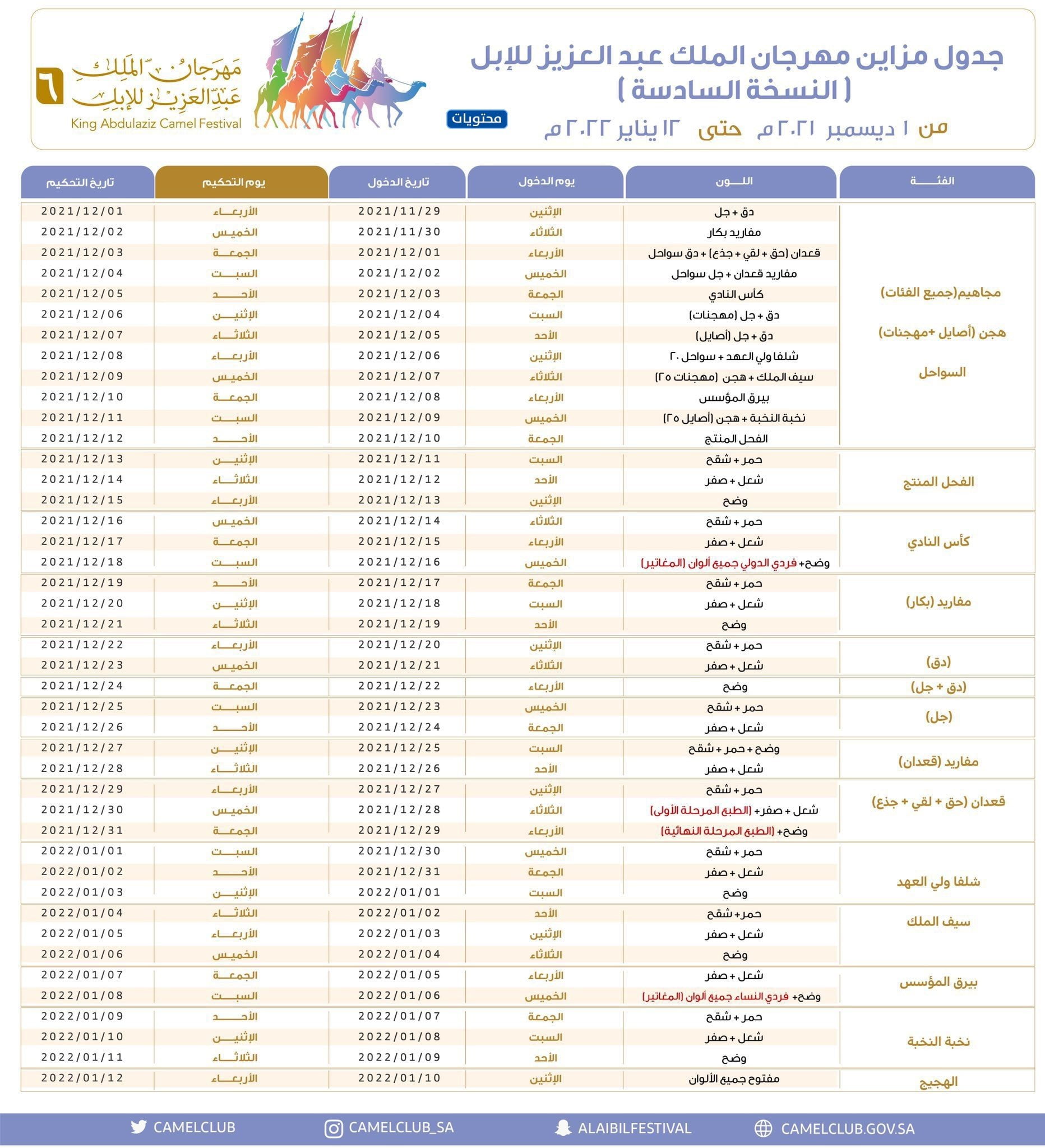 جدول المزاين 1443 المواعيد الجديدة بعد التحديث